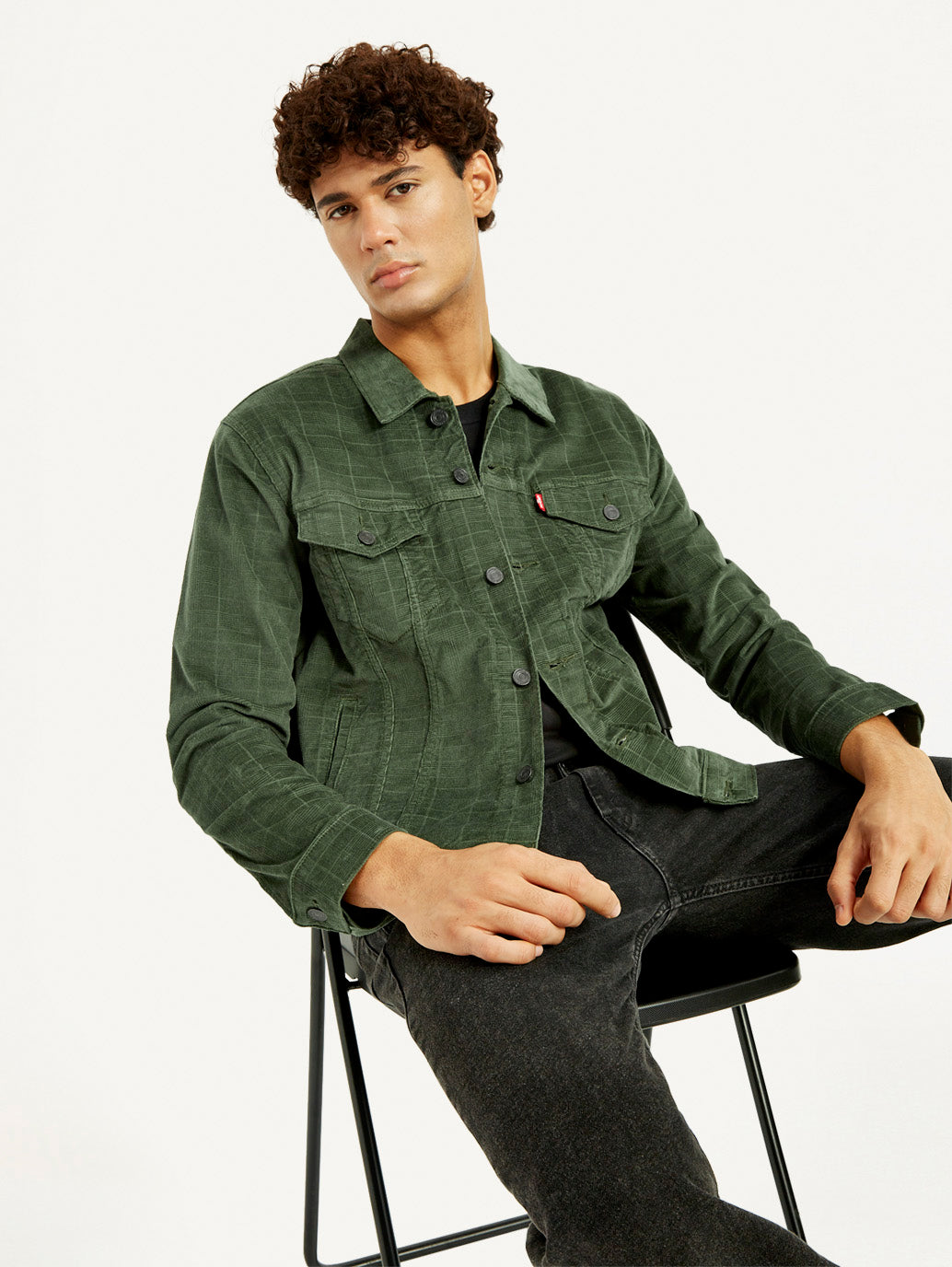 Men's Checkered Green Trucker Jacket - Elevated View