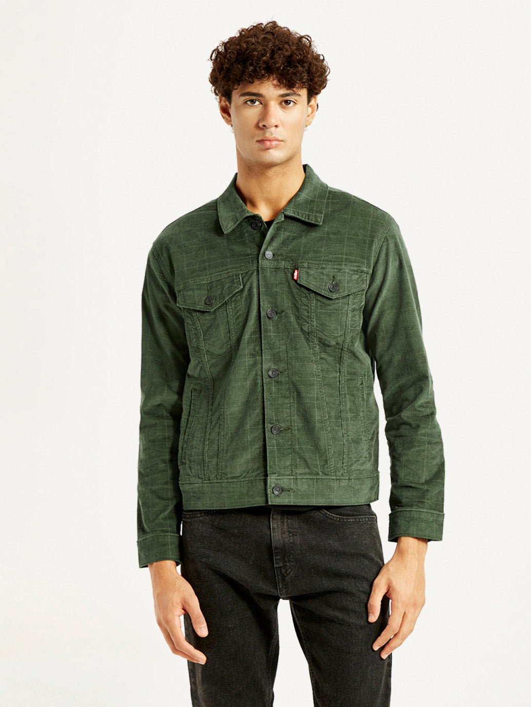 Men's Checkered Green Trucker Jacket - Front View