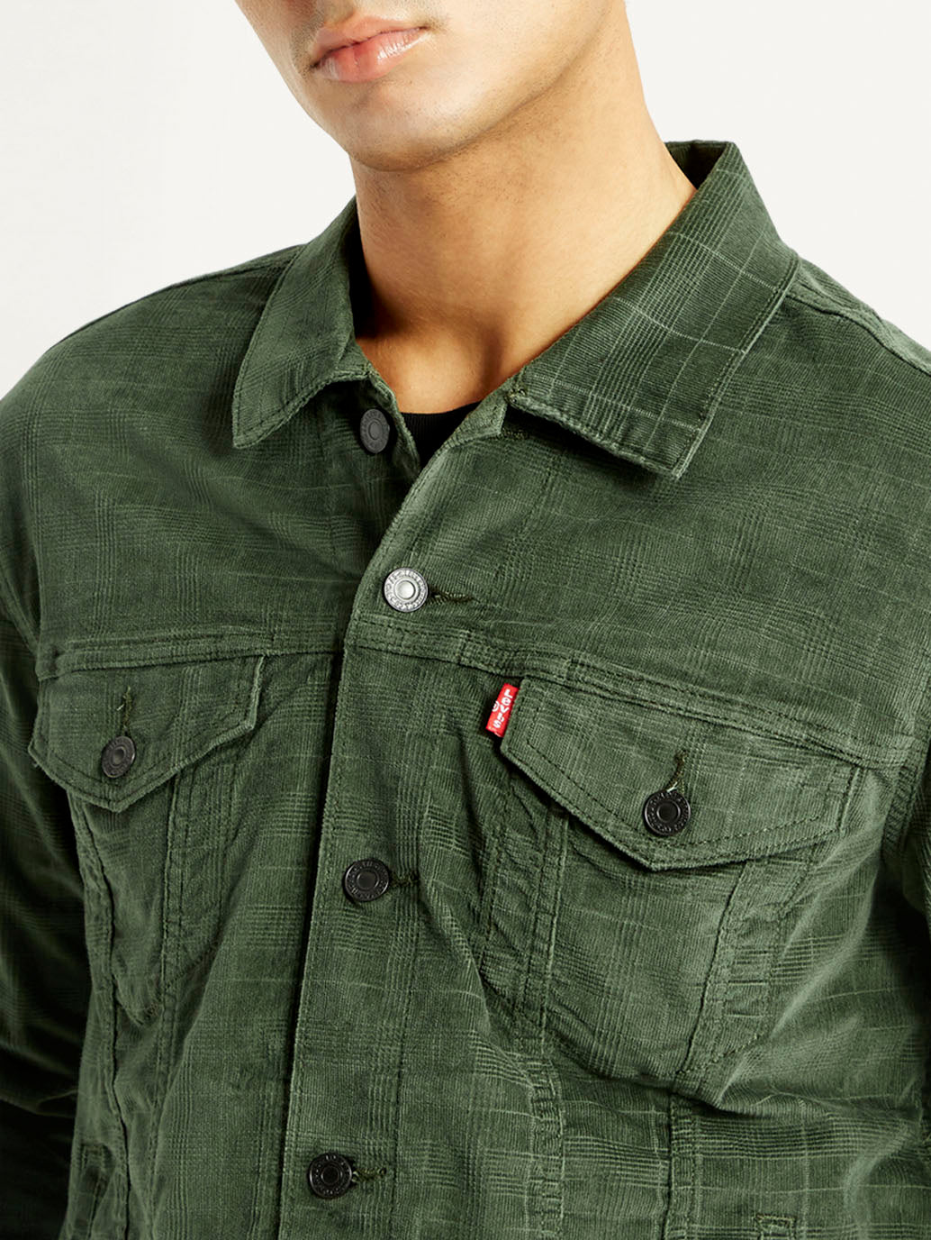 Men's Checkered Green Trucker Jacket - Detail View