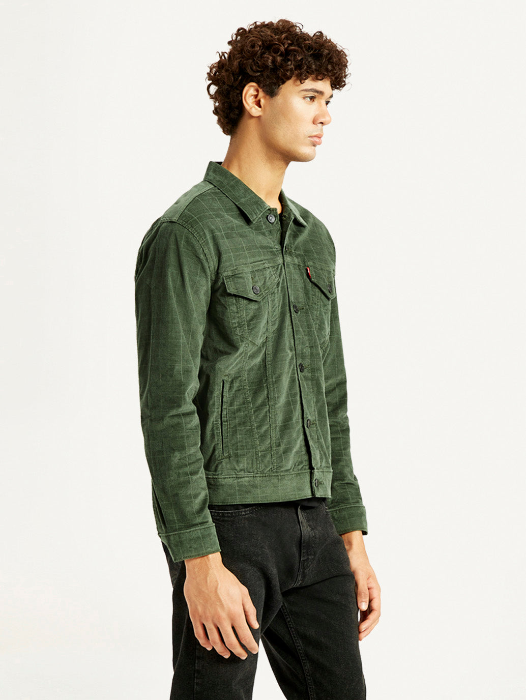 Men's Checkered Green Trucker Jacket - Side View
