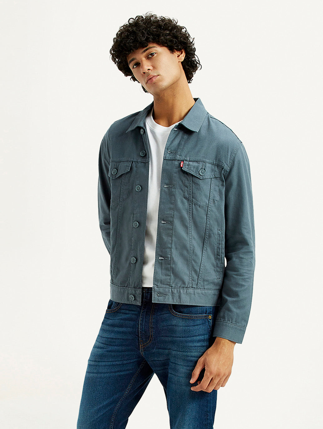 Men's Solid Blue Spread Collar Linen Jacket - Styleshot View