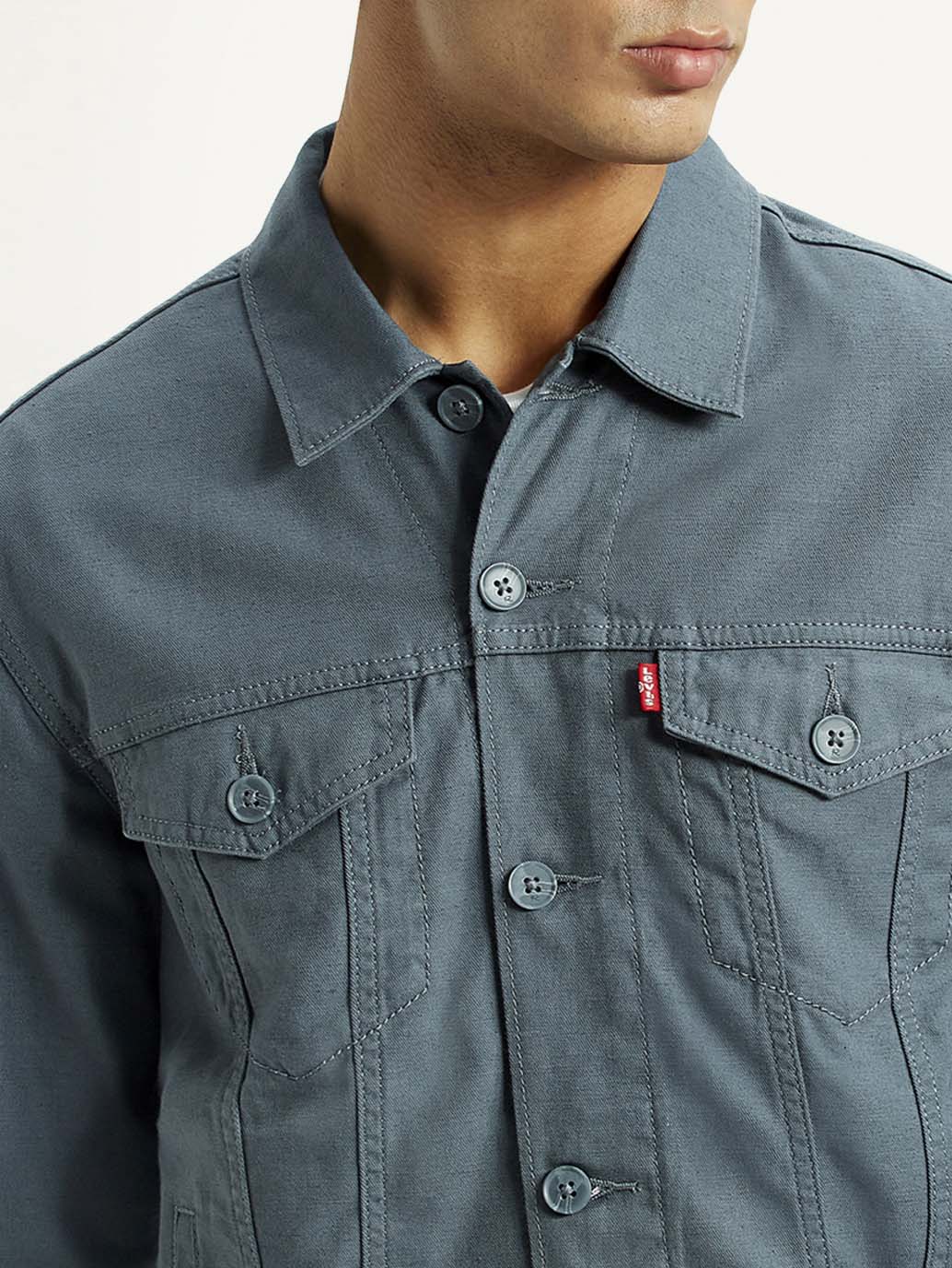 Men's Solid Blue Spread Collar Linen Jacket - Detail View