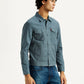 Men's Solid Blue Spread Collar Linen Jacket - Side View
