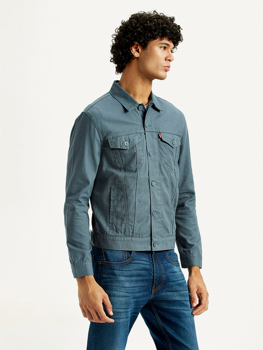 Men's Solid Blue Spread Collar Linen Jacket - Side View