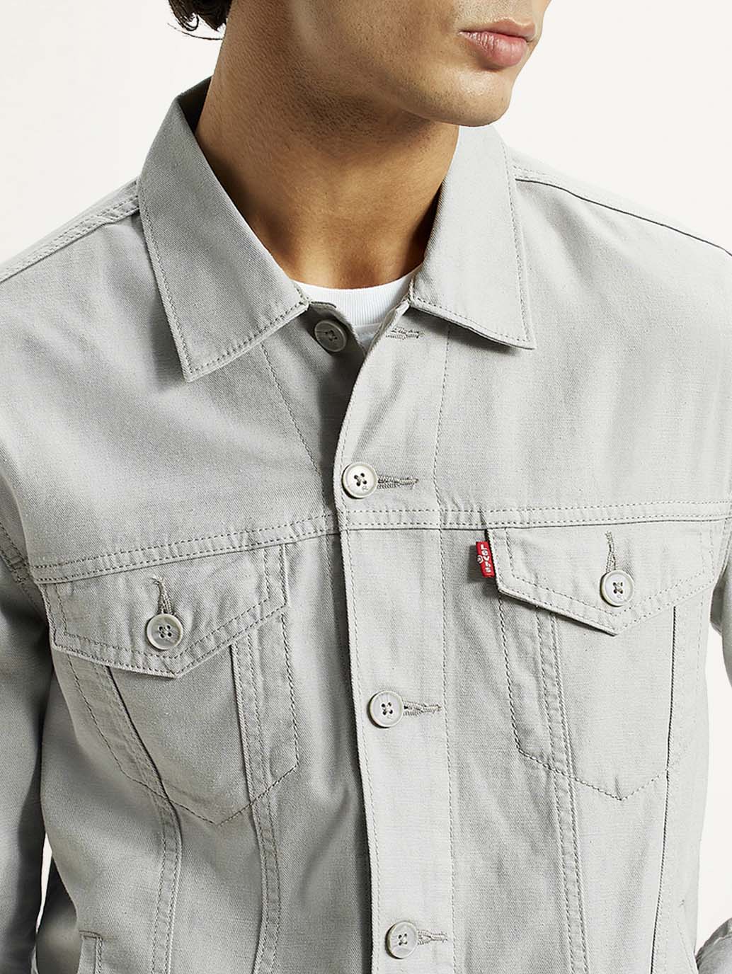 Men's Solid Grey Spread Collar Linen Jacket - Detail View