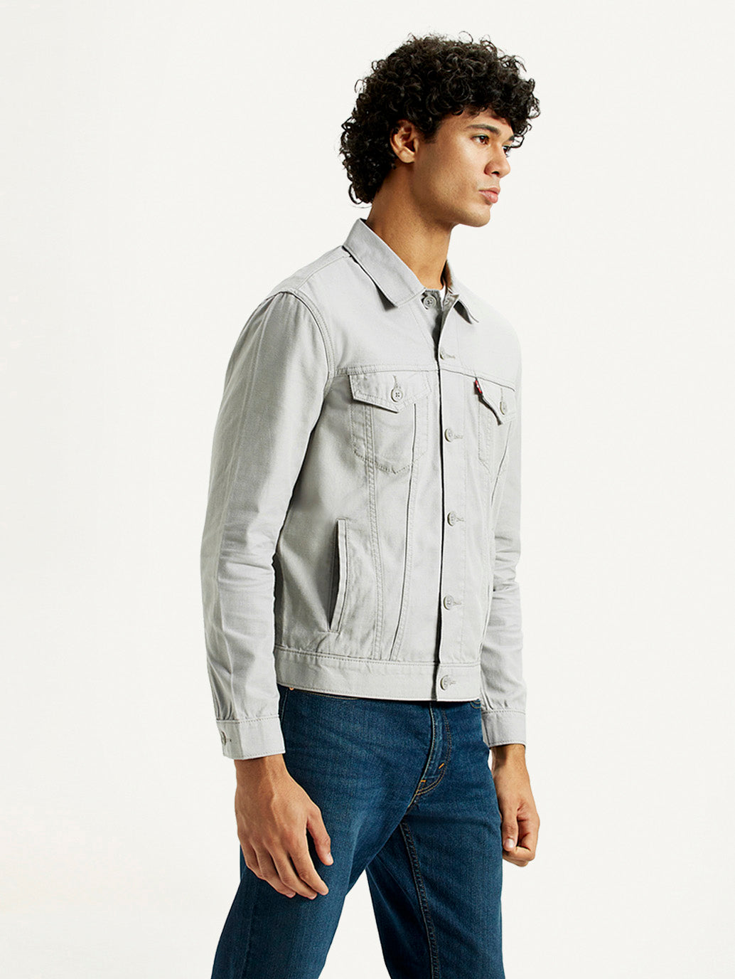 Men's Solid Grey Spread Collar Linen Jacket - Side View