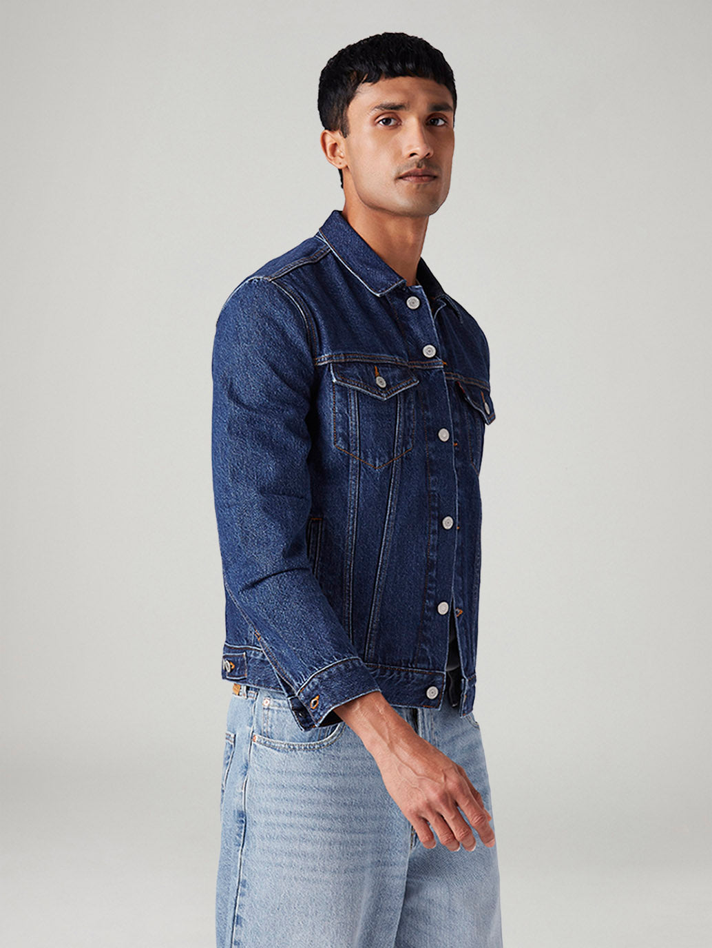 Men's Solid Regular Fit Denim Trucker Jacket - Side View