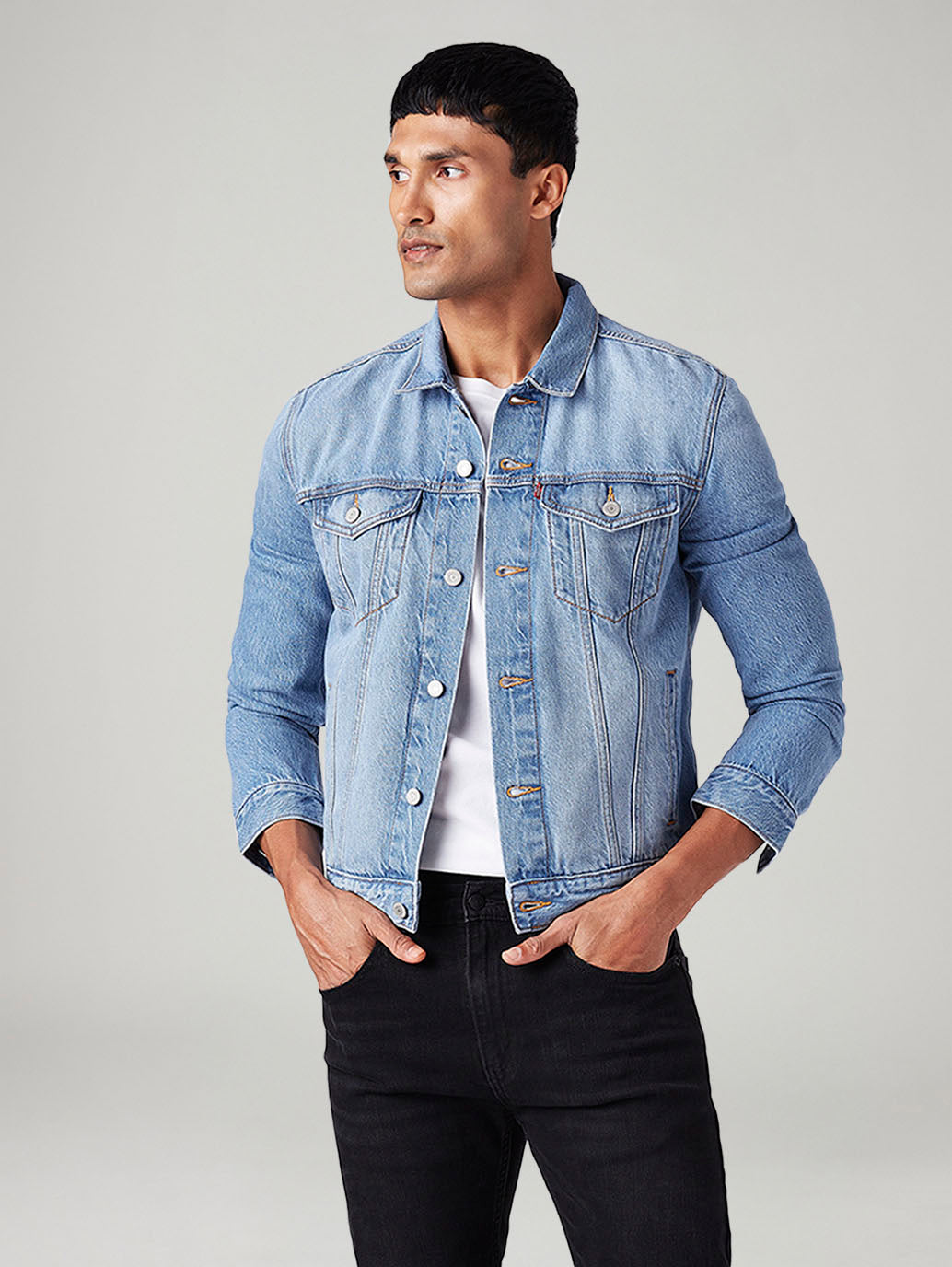 Men's Solid Regular Fit Denim Jacket - Front View