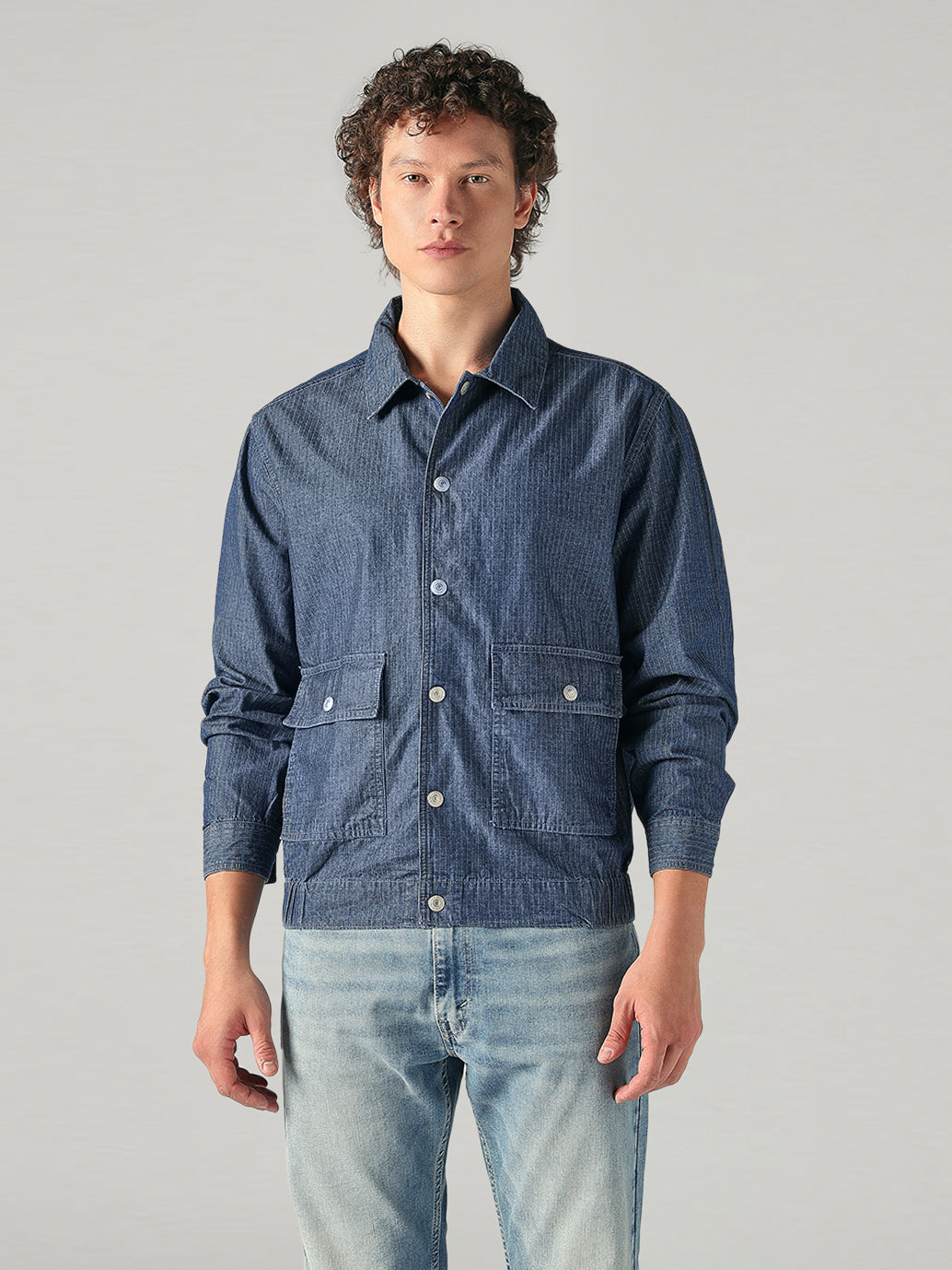 Men's Blue Checkered Relaxed Fit Chambray Shacket - 674a3cc4-b738-441a-a0a7-6a7127b4cc1d View