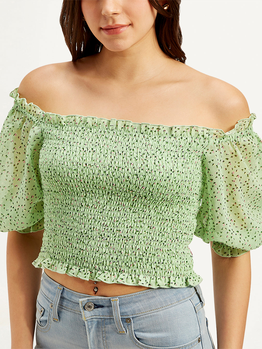 Women's Floral Green Off Shoulder Top - 2df867e4fa2cc385da6b54bafa8413da View