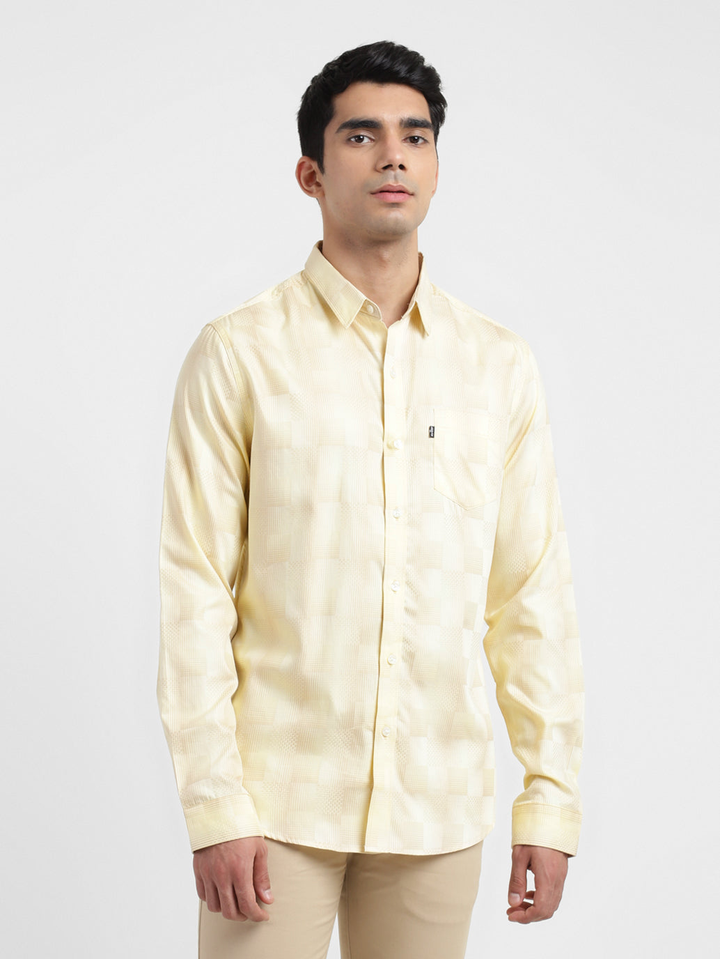 Men's Checkered Spread Collar Shirt Beige