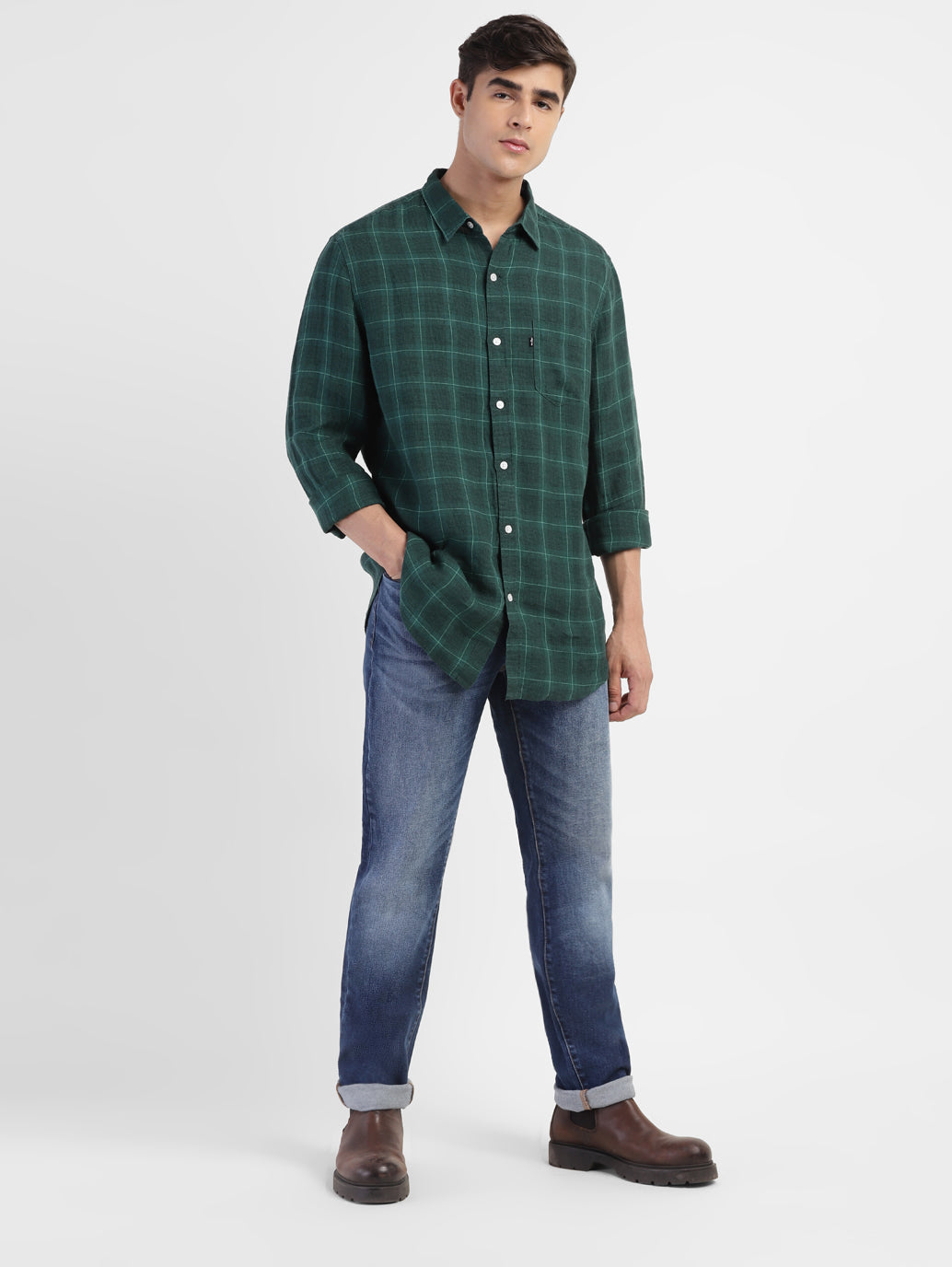 Men's Checkered Spread Collar Linen Shirt