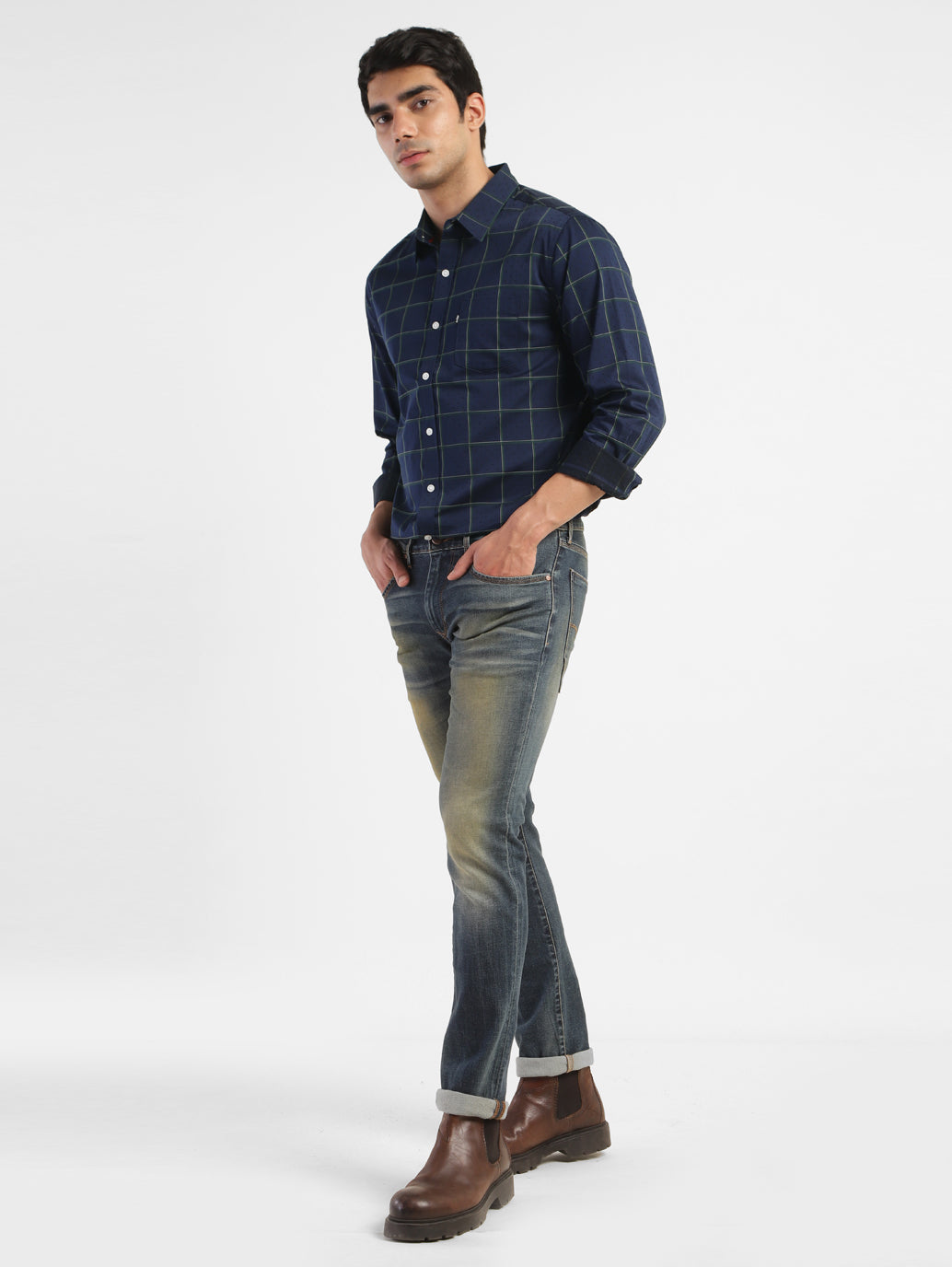 Men's Checkered Spread Collar Linen Shirt