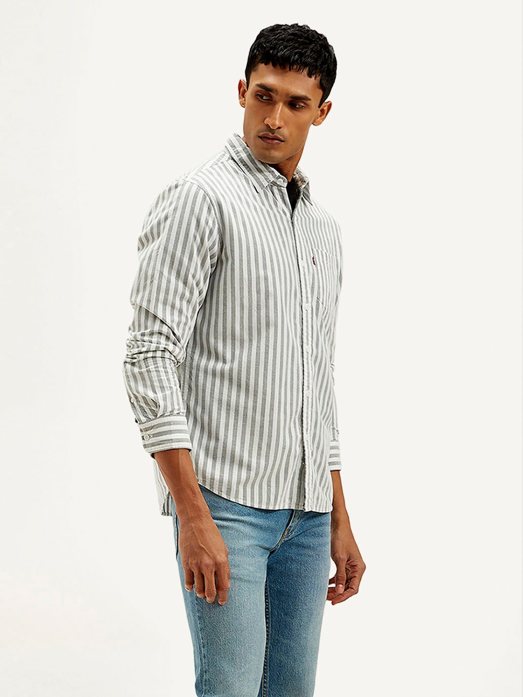 Men's Striped Slim Fit Corduroy Shirt - Side View