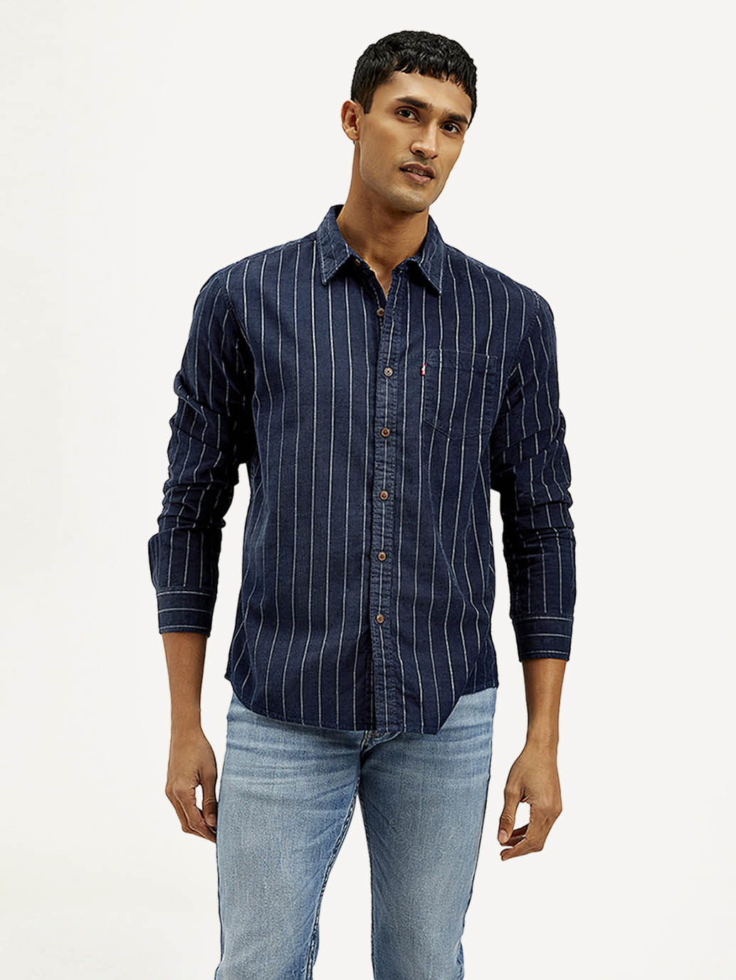 Men's Striped Slim Fit Corduroy Shirt - Front View