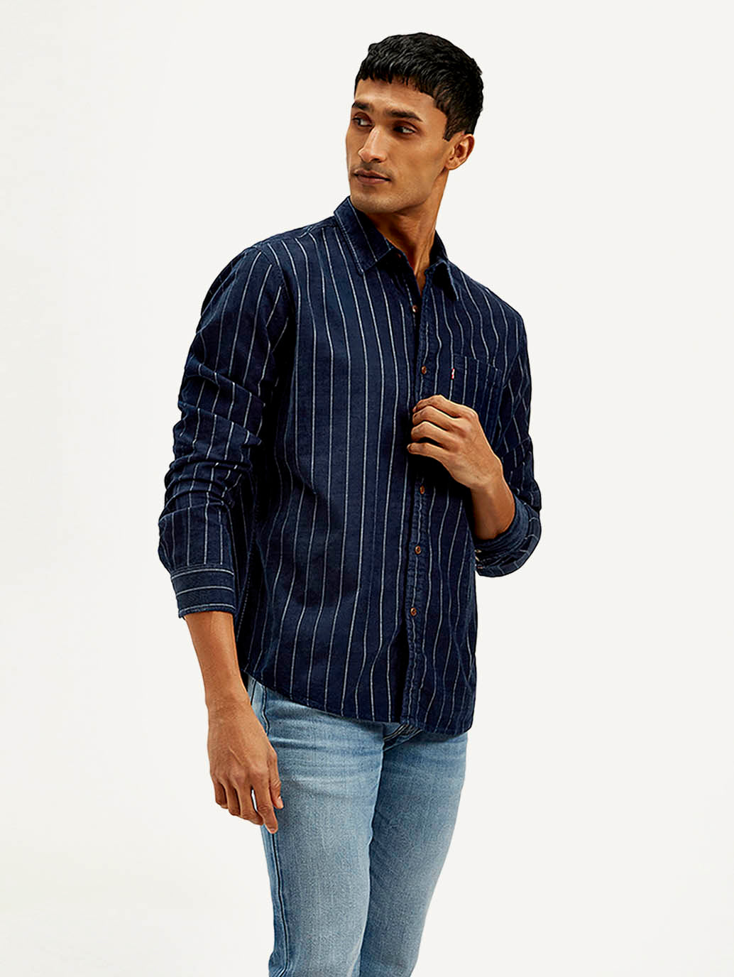 Men's Striped Slim Fit Corduroy Shirt - Side View