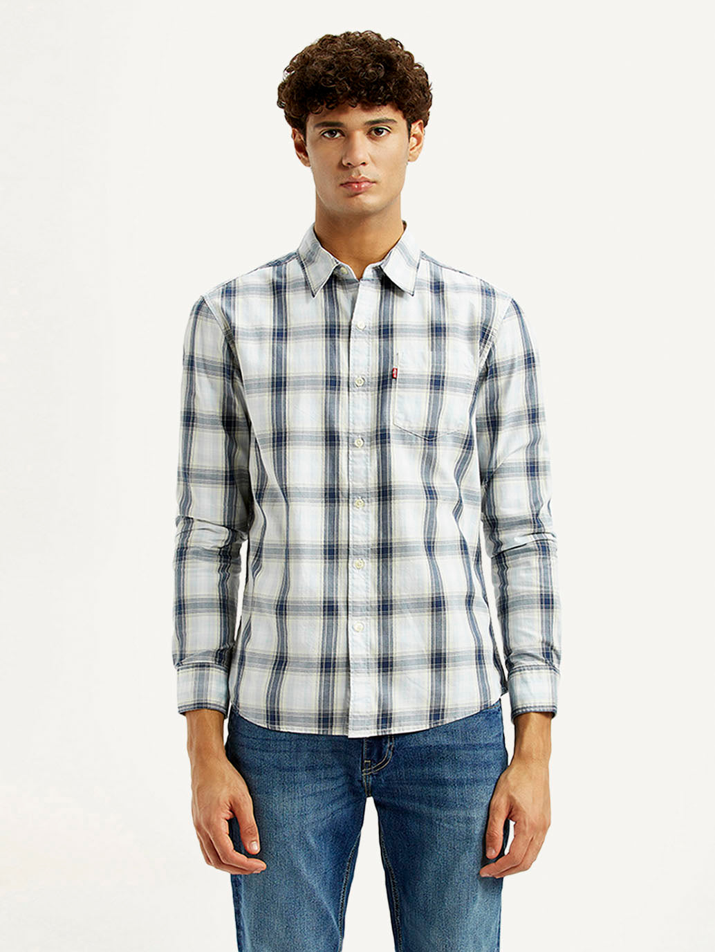 Men's Plaid White Slim Fit Shirt - Front View