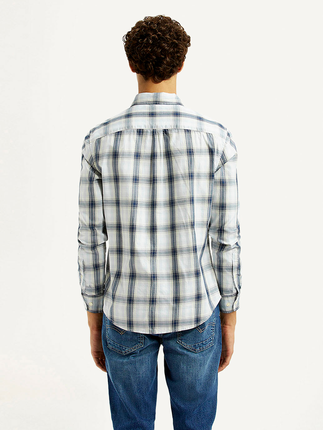 Men's Plaid White Slim Fit Shirt - Back View