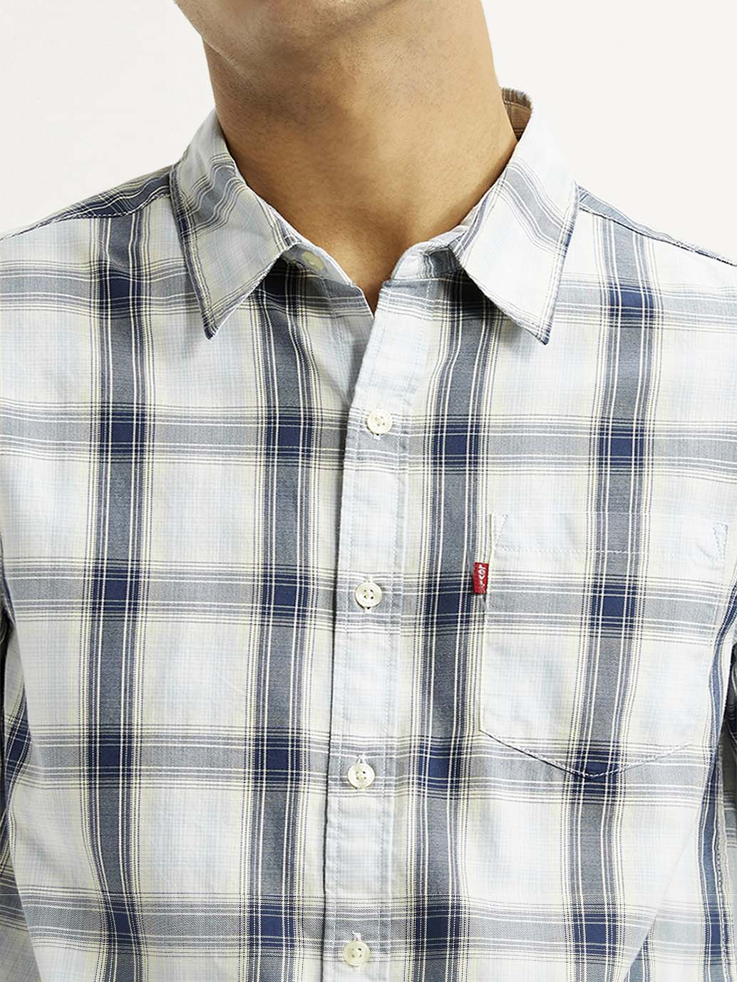 Men's Plaid White Slim Fit Shirt - Detail View