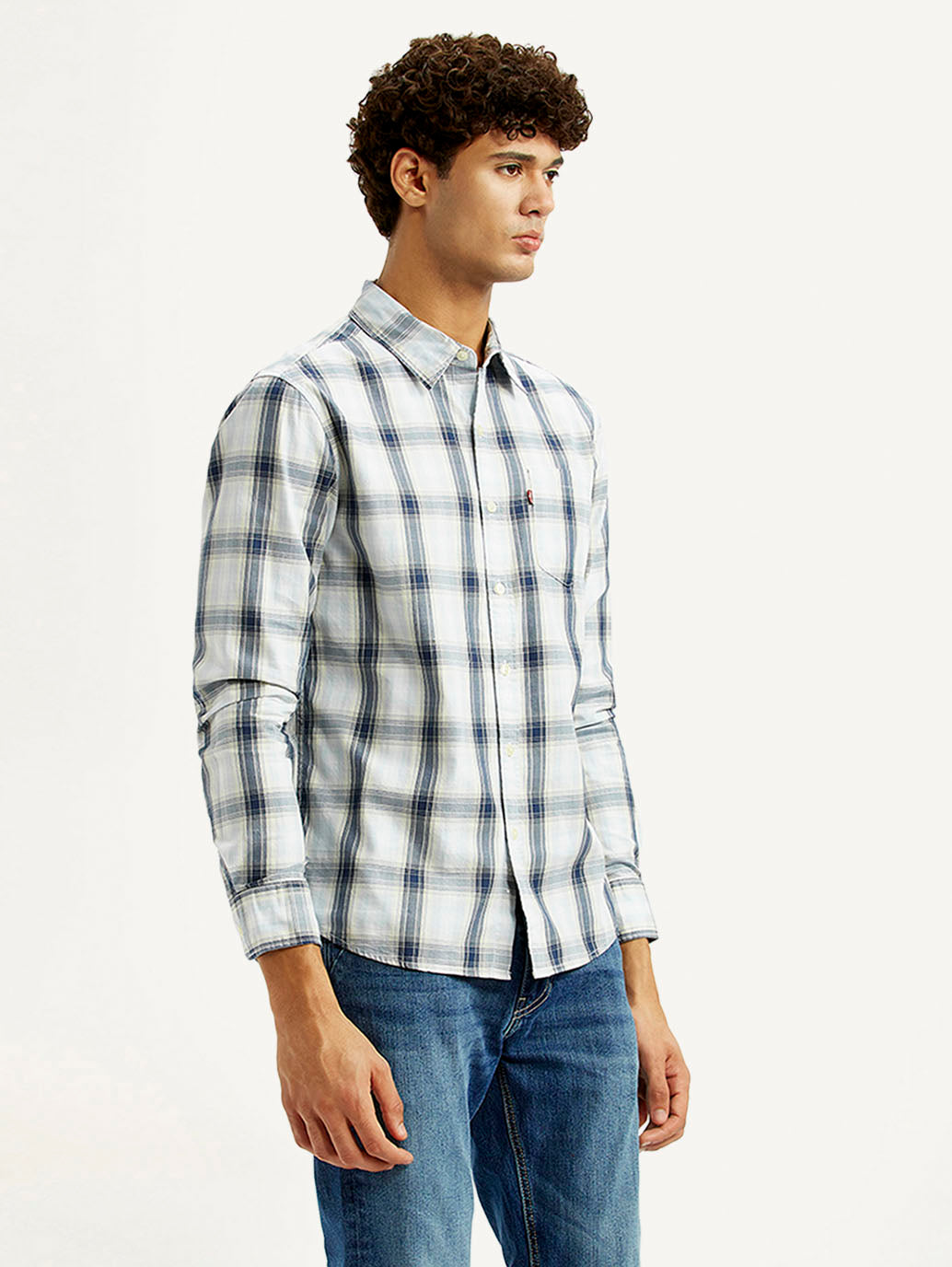 Men's Plaid White Slim Fit Shirt - Side View