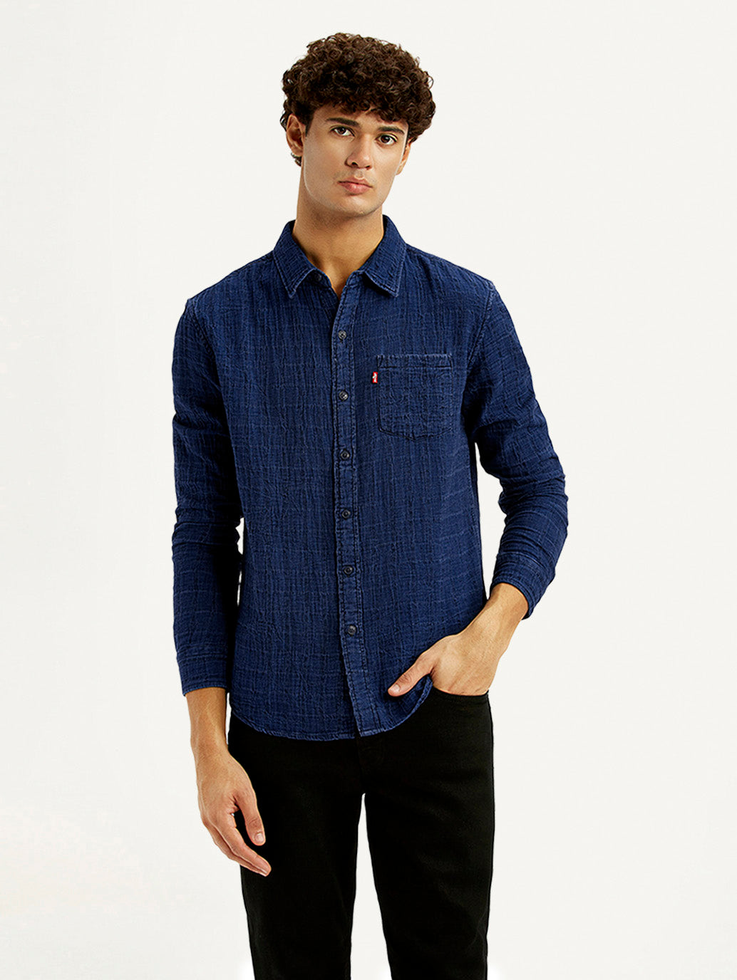 Men's Textured Dark Blue Slim Fit Shirt - Front View
