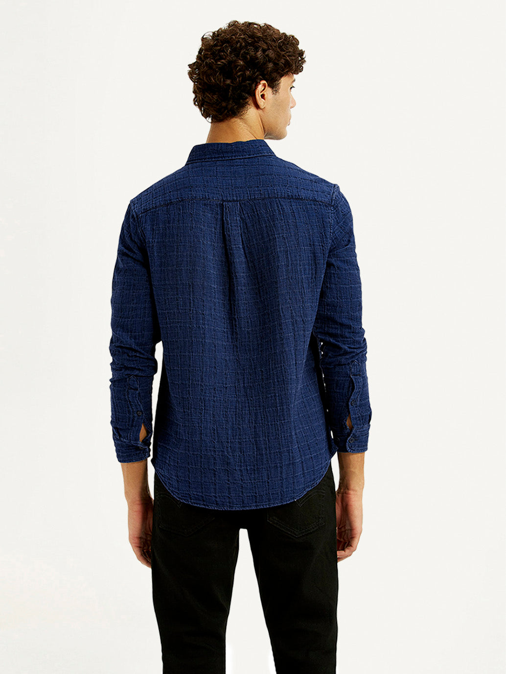 Men's Textured Dark Blue Slim Fit Shirt - Back View