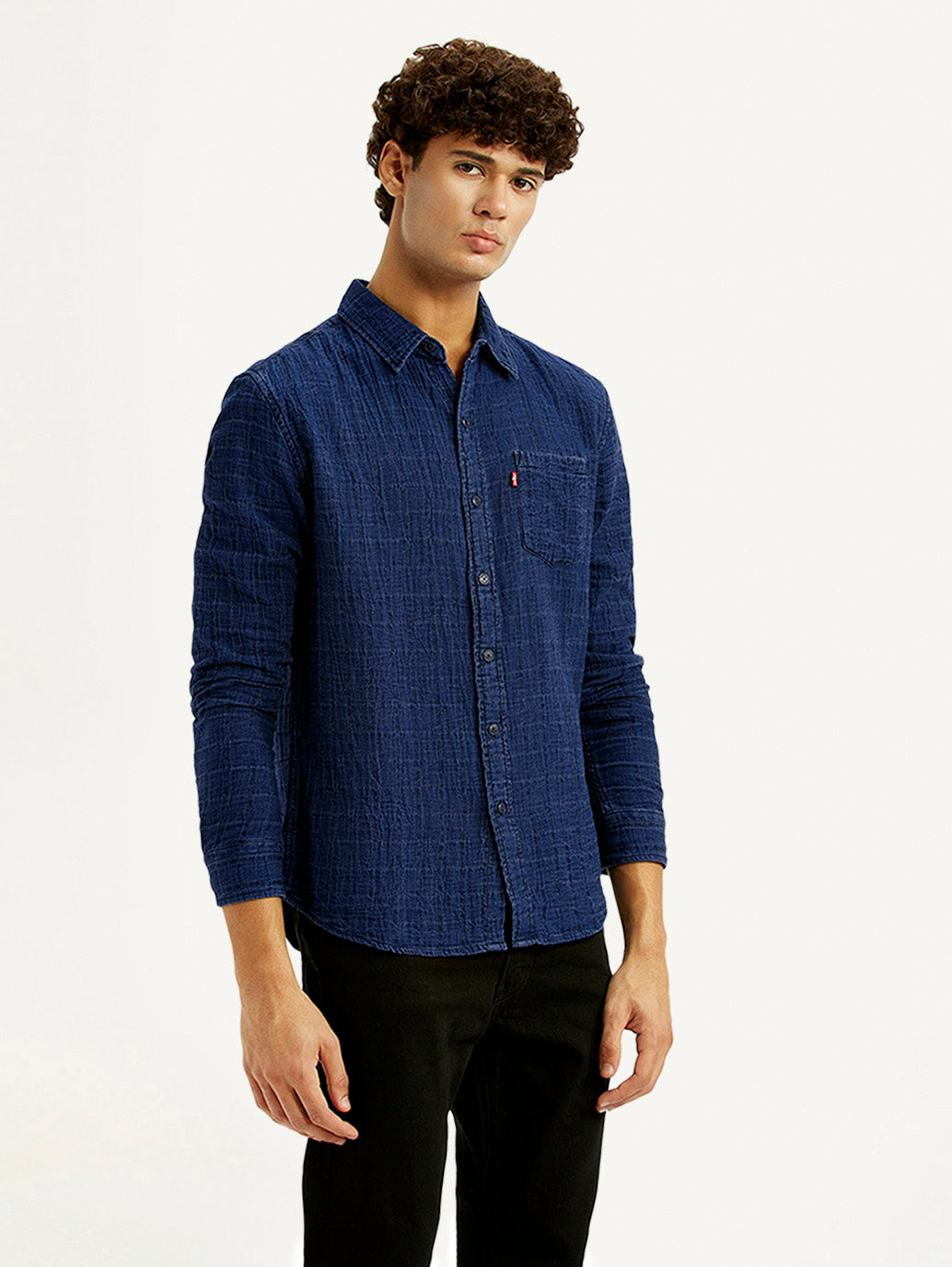 Men's Textured Dark Blue Slim Fit Shirt - Side View