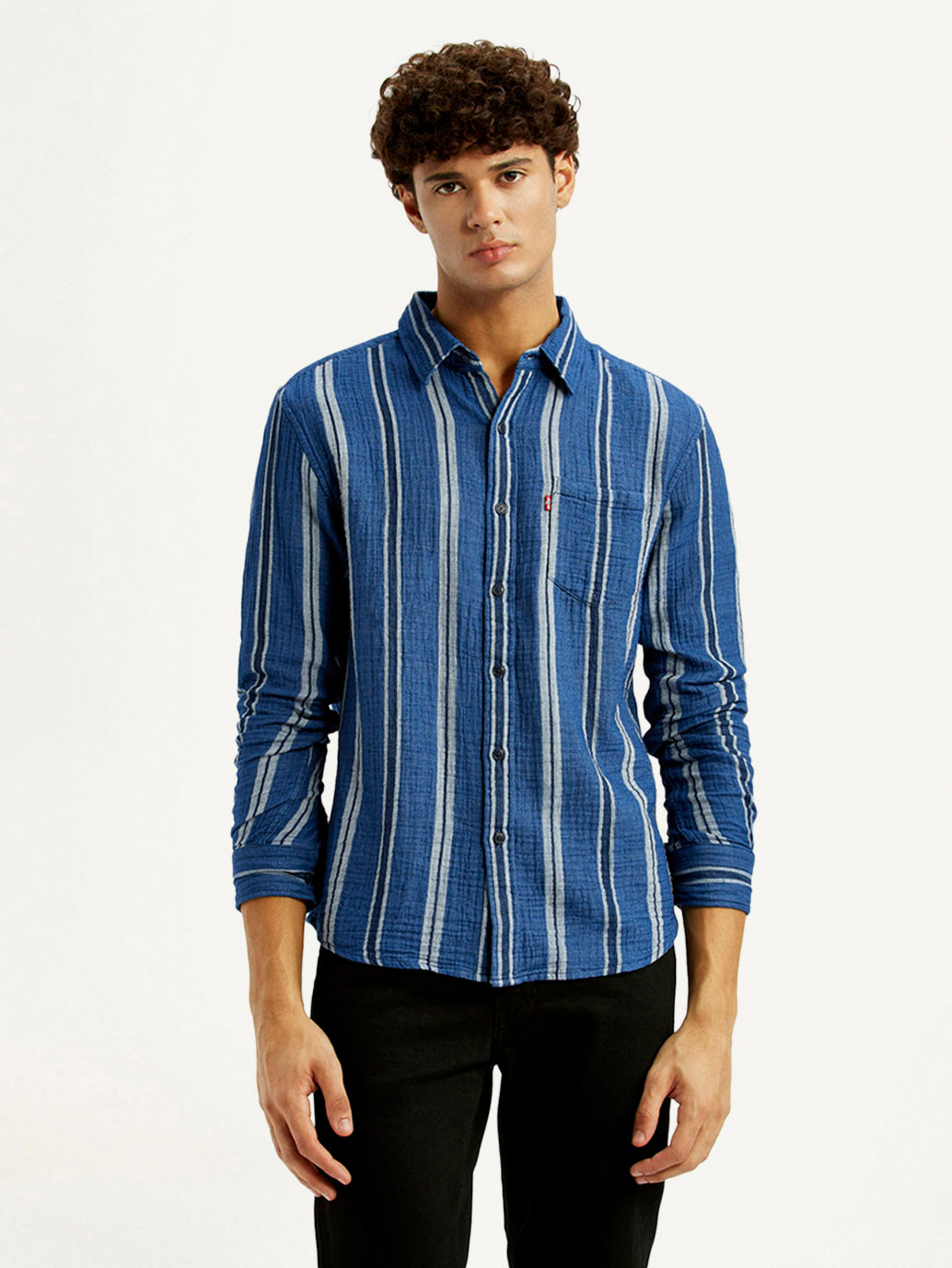 Men's Striped Blue Slim Fit Shirt - Front View