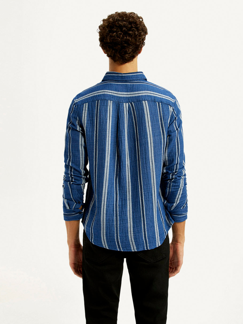 Men's Striped Blue Slim Fit Shirt - Back View