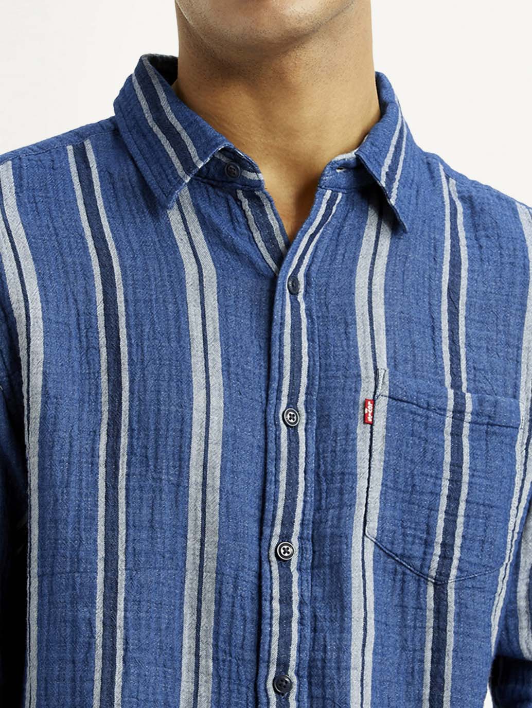 Men's Striped Blue Slim Fit Shirt - Detail View
