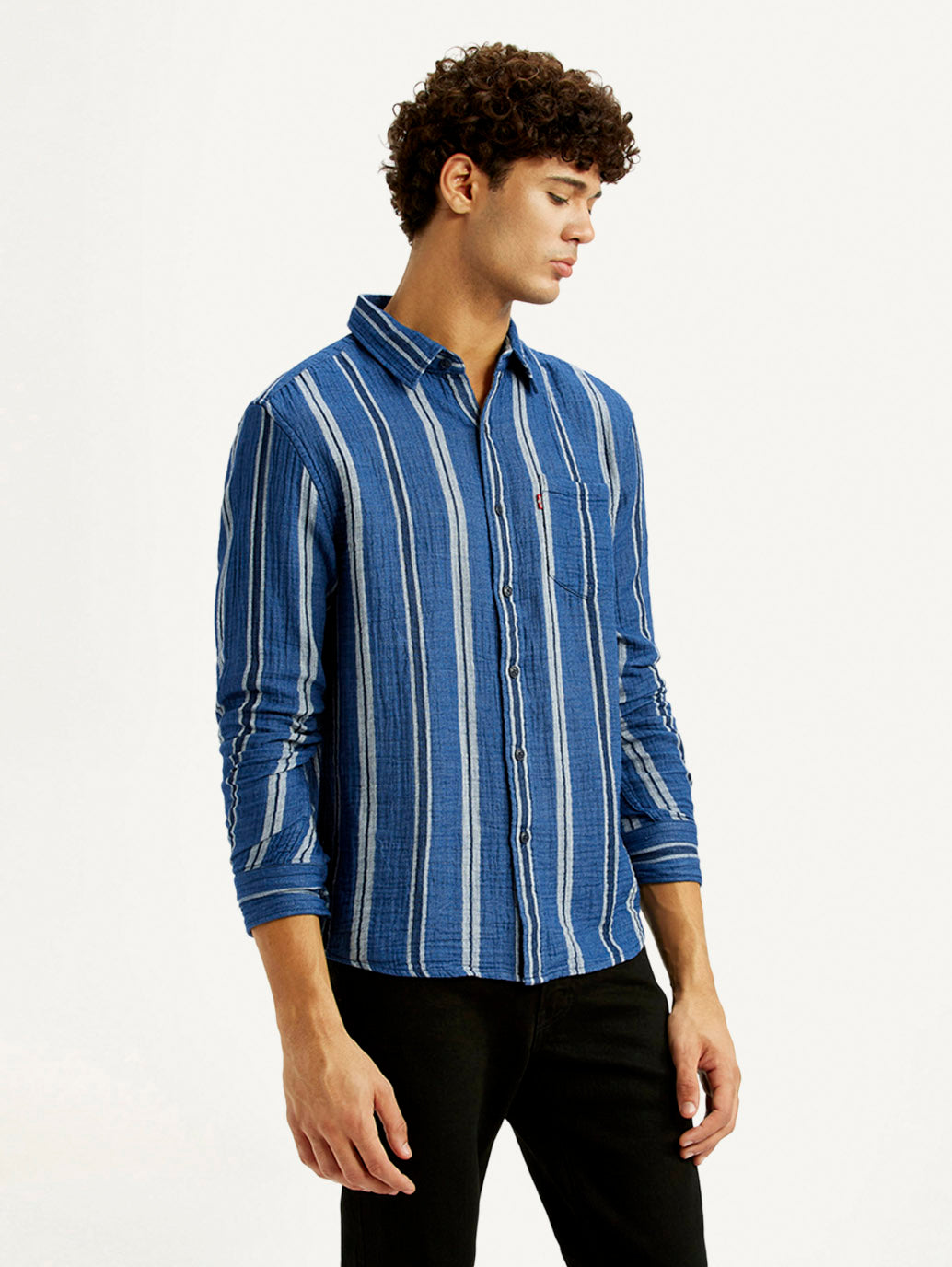 Men's Striped Blue Slim Fit Shirt - Side View