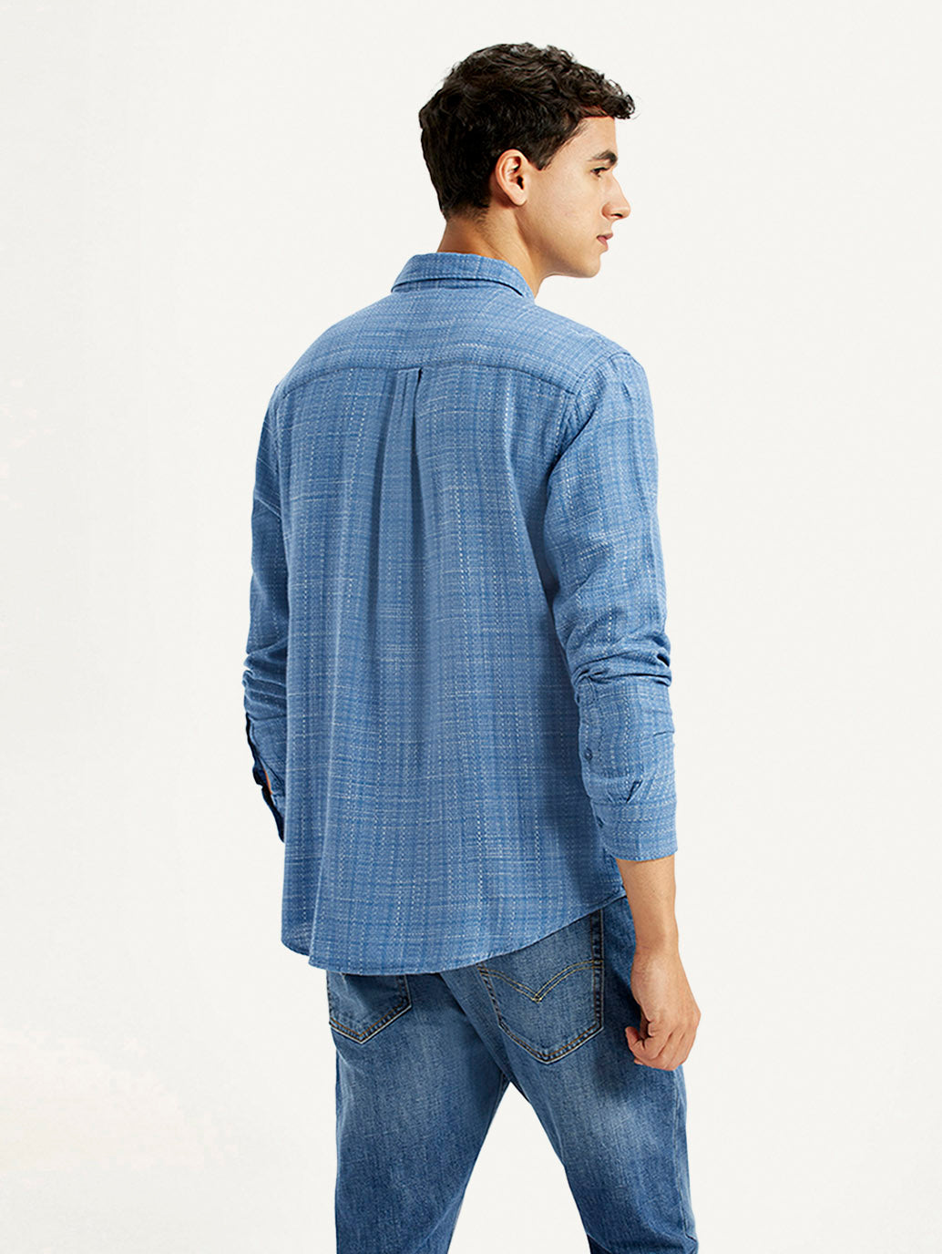 Men's Self Design Blue Slim Fit Shirt - Back View