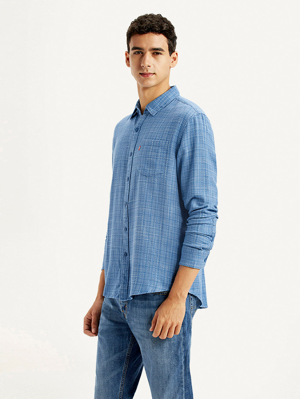 Men's Self Design Blue Slim Fit Shirt - Side View