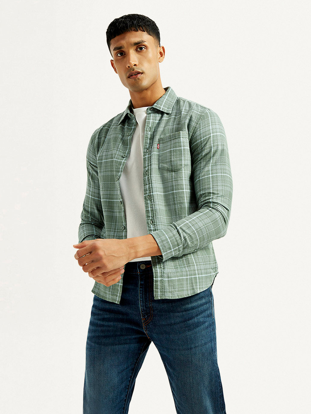 Men's Checkered Green Slim Fit Shirt - Elevated View