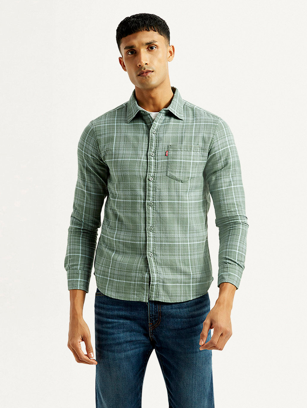 Men's Checkered Green Slim Fit Shirt - Front View