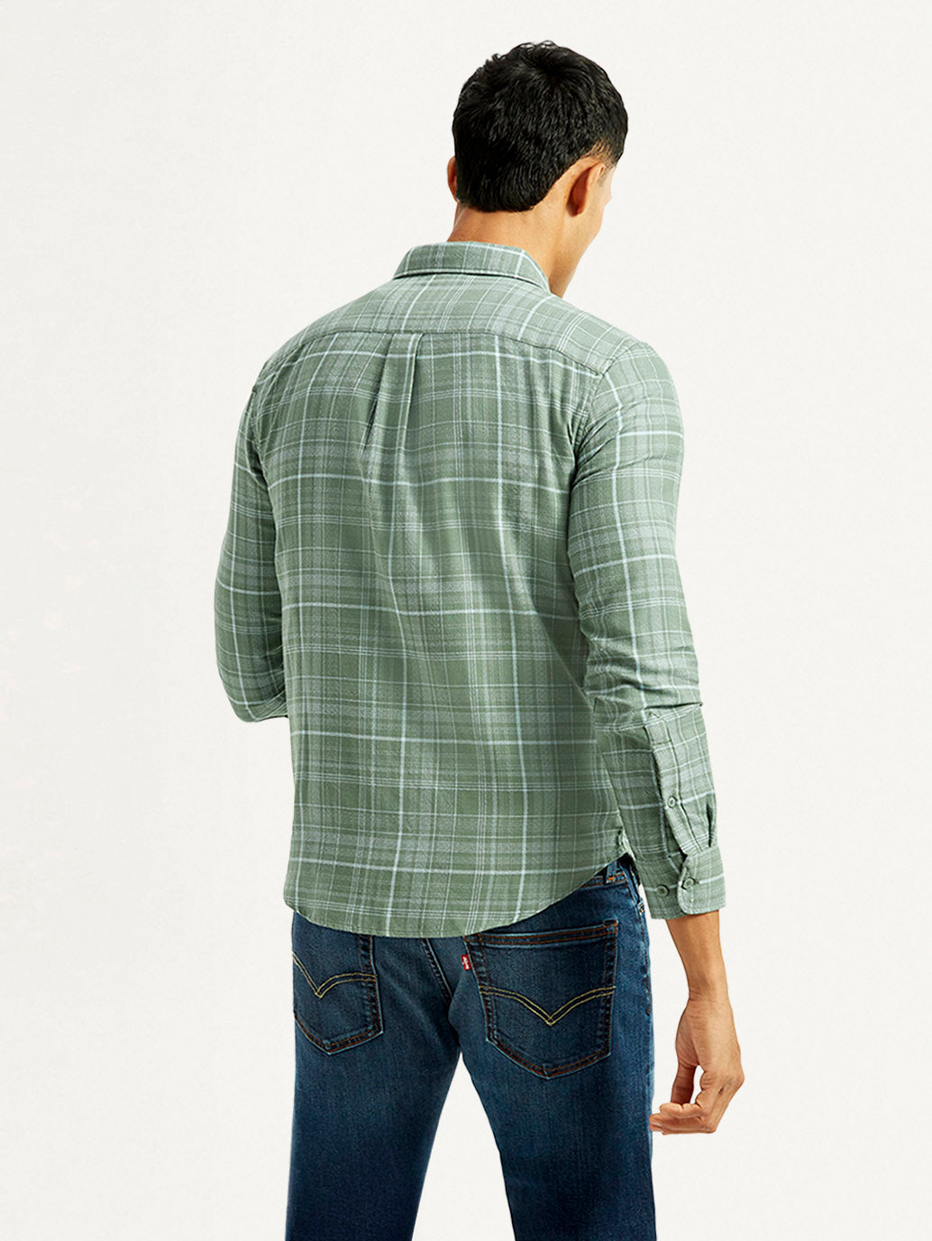 Men's Checkered Green Slim Fit Shirt - Back View
