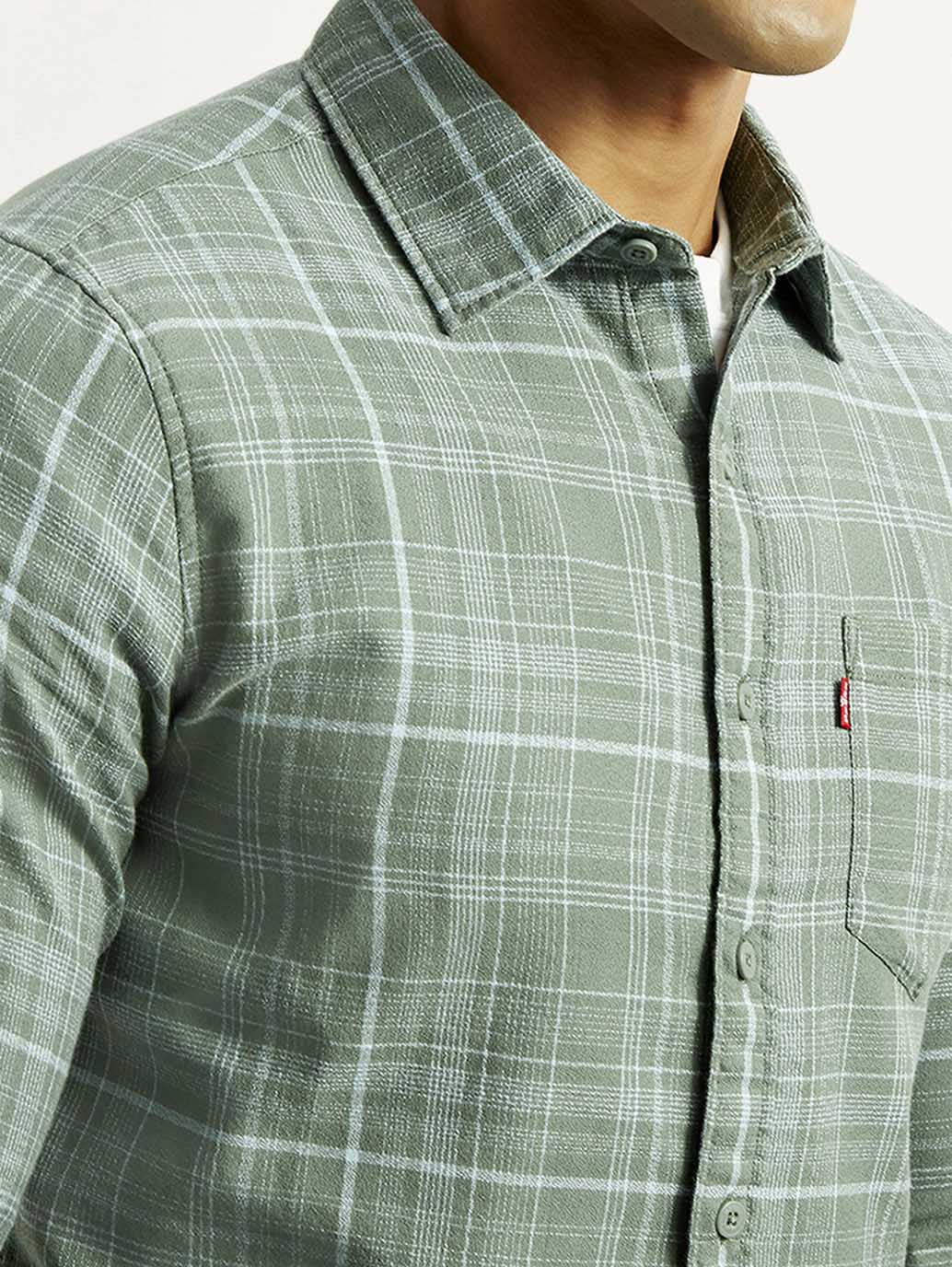 Men's Checkered Green Slim Fit Shirt - Detail View