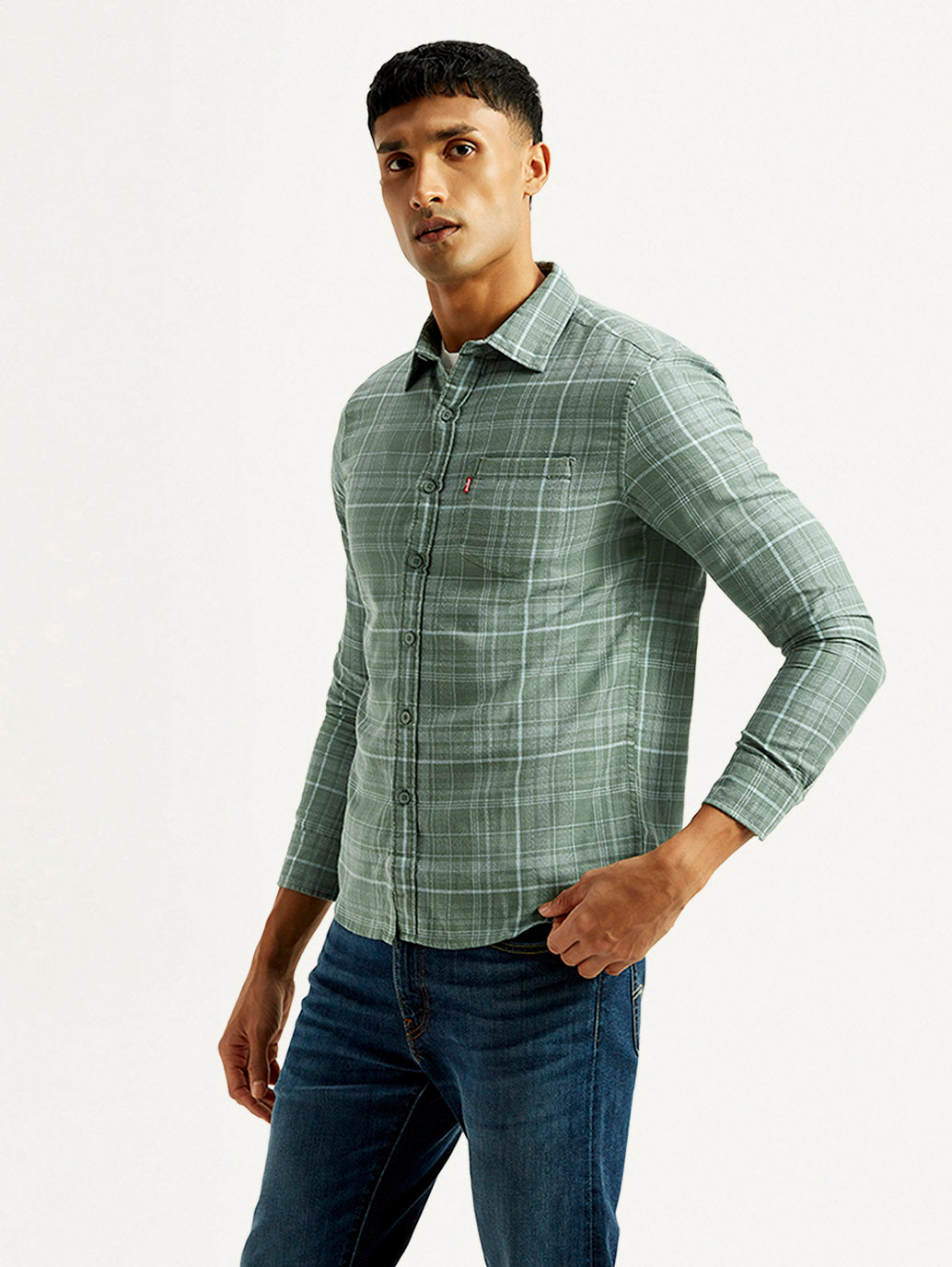 Men's Checkered Green Slim Fit Shirt - Side View