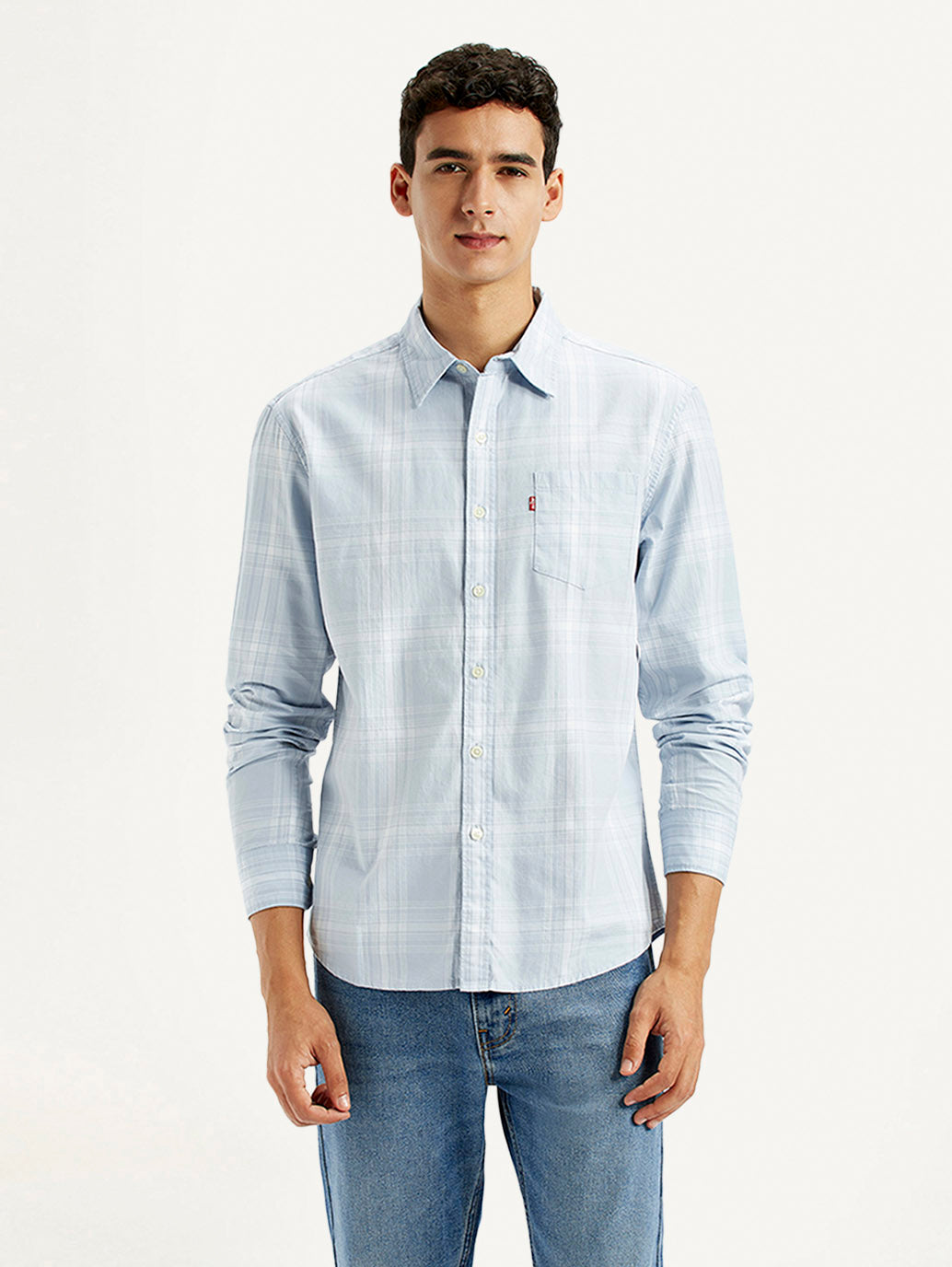 Men's Plaid Light Blue Slim Fit Shirt - Front View