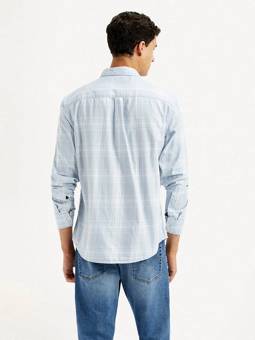Men's Plaid Light Blue Slim Fit Shirt - Back View