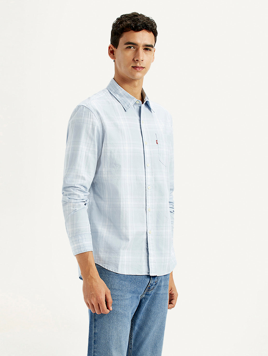 Men's Plaid Light Blue Slim Fit Shirt - Side View