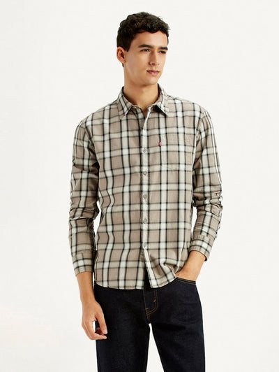Men's Checkered Beige Slim Fit Shirt-image-36