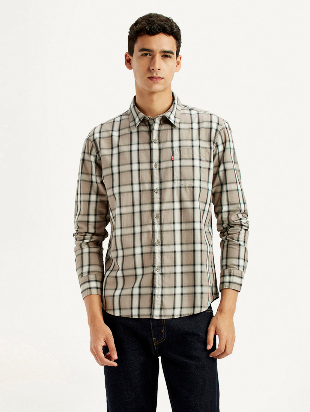 Men's Checkered Beige Slim Fit Shirt - Front View