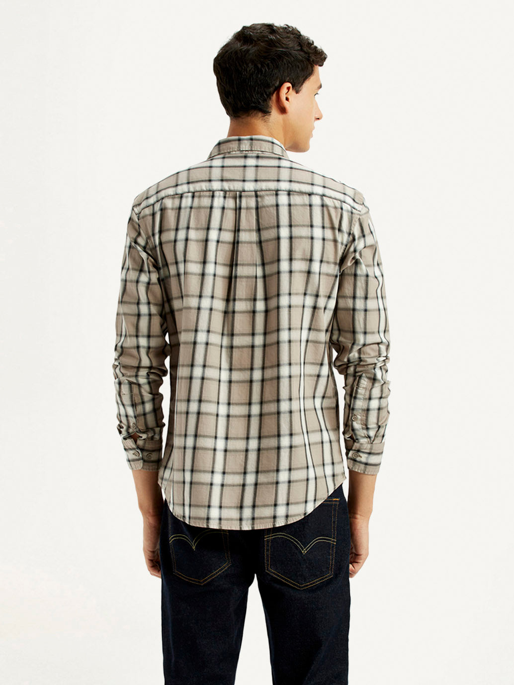 Men's Checkered Beige Slim Fit Shirt - Back View