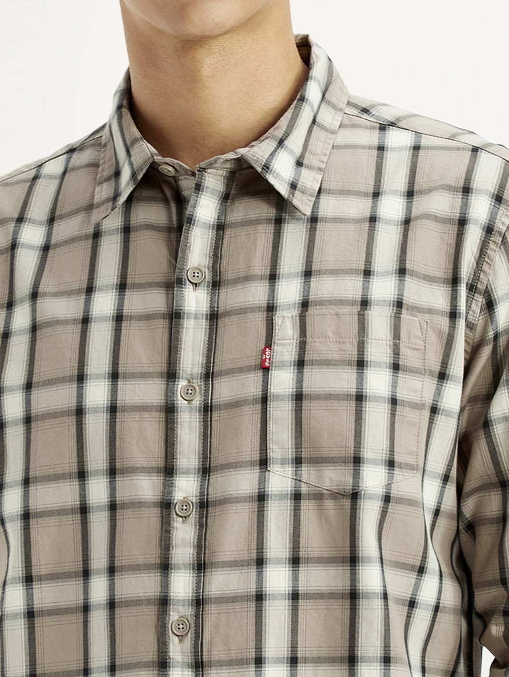 Men's Checkered Beige Slim Fit Shirt - Detail View