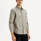 Men's Checkered Beige Slim Fit Shirt - Side View