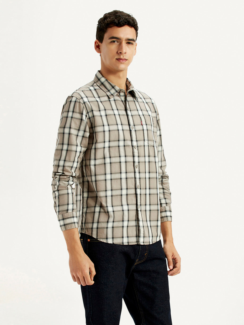 Men's Checkered Beige Slim Fit Shirt - Side View