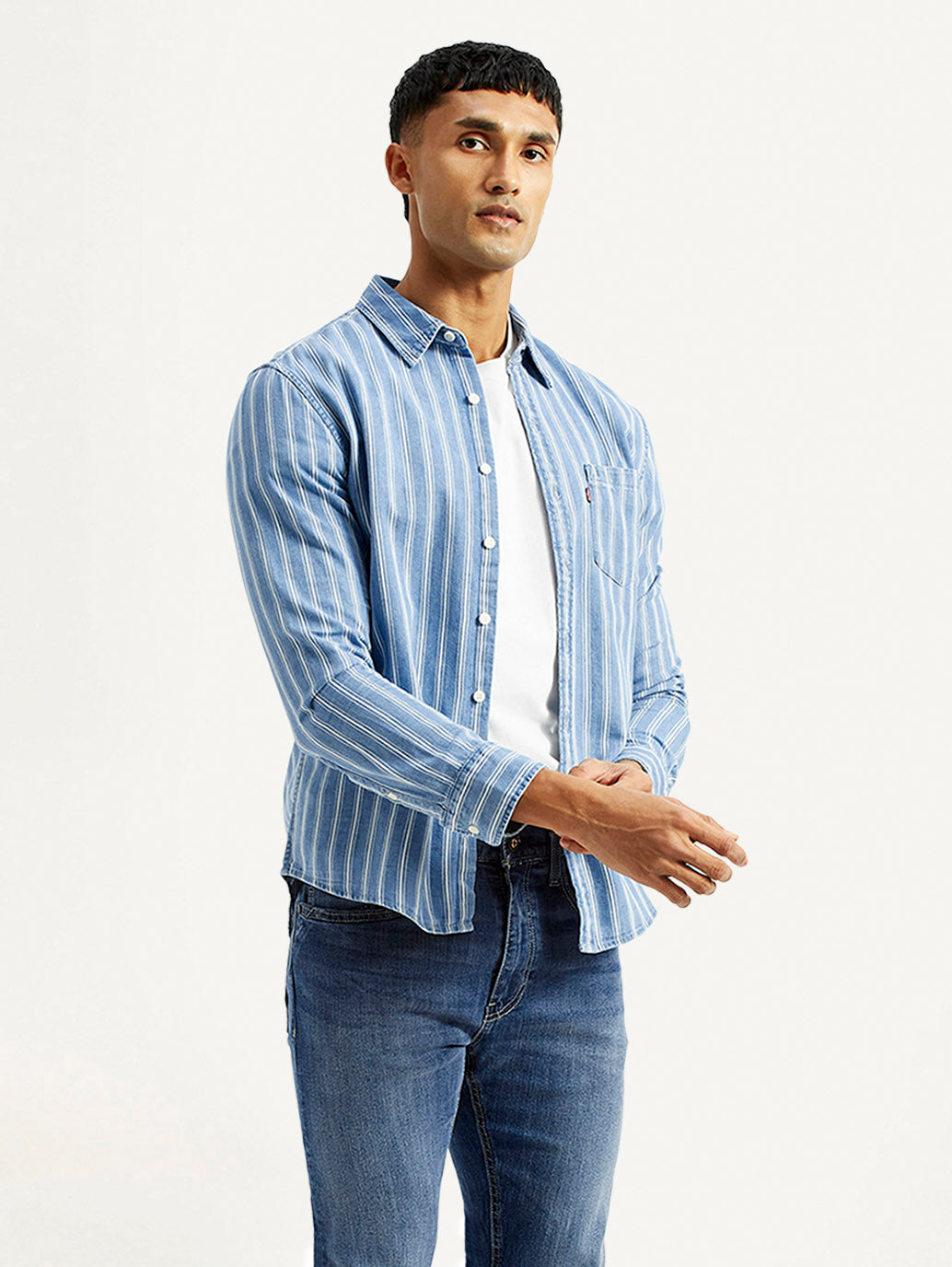 Men's Striped Light Blue Slim Fit Shirt - Styleshot View