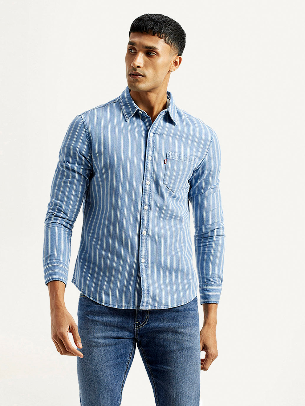 Men's Striped Light Blue Slim Fit Shirt - Front View
