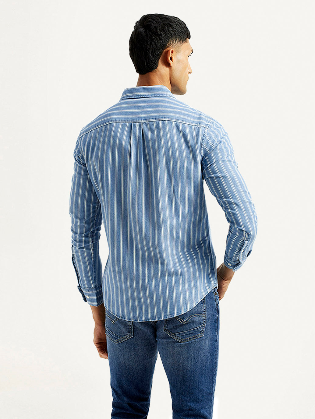 Men's Striped Light Blue Slim Fit Shirt - Back View
